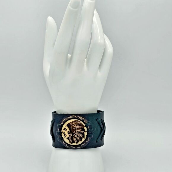 Indian Head Leather Cuff Bracelet Carved Tribal Biker Native American Western - Picture 2 of 7